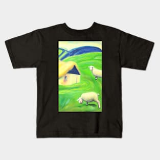 Colourful oil painting of a farm with sheep Kids T-Shirt